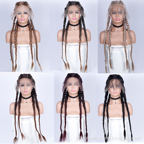 FZY Braid Hair Wig Synthetic Hair Brown Wigs 4 Long Box Braided 360 Lace Wigs  with baby hair For Black Women
